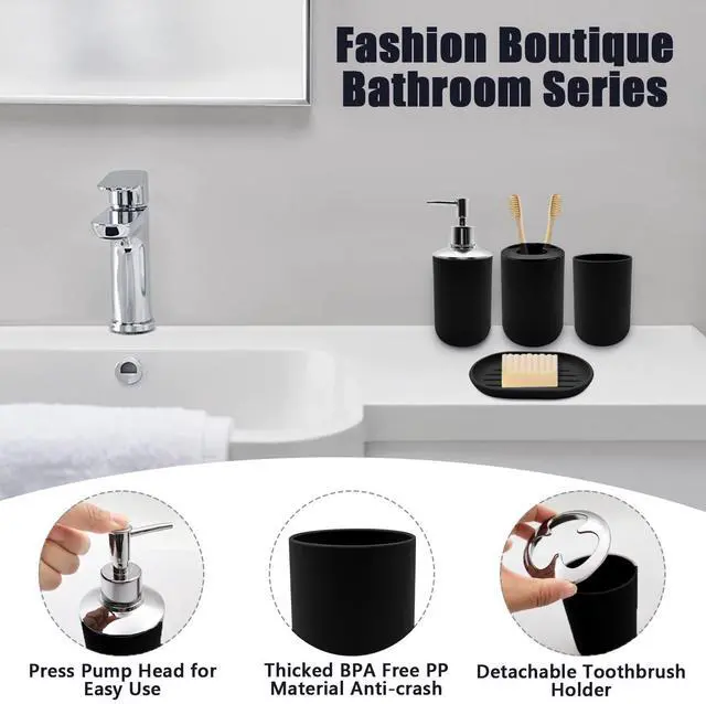 Alt view image 3 of 7 - Bathroom Accessory Set, 4 pcs Shatter-Resistant Resin Bathroom Accessories Set Include Lotion Soap Dispenser Toothbrush Holder Soap Dish Modern Bathroom Decor, Gift for Home (Black 4pcs)