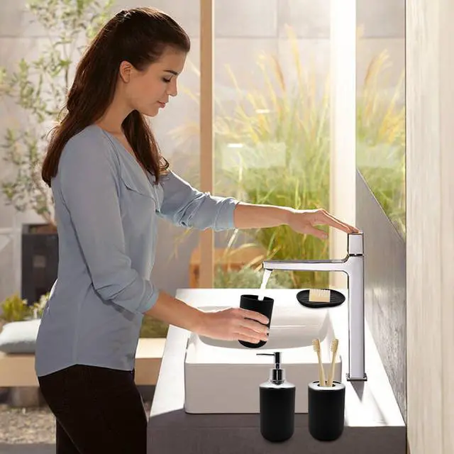 Alt view image 7 of 7 - Bathroom Accessory Set, 4 pcs Shatter-Resistant Resin Bathroom Accessories Set Include Lotion Soap Dispenser Toothbrush Holder Soap Dish Modern Bathroom Decor, Gift for Home (Black 4pcs)