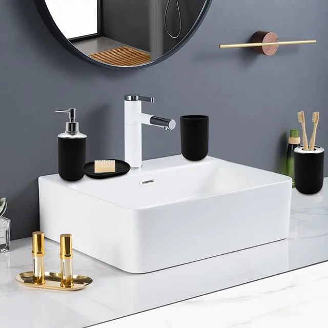 Alt view image 6 of 7 - Bathroom Accessory Set, 4 pcs Shatter-Resistant Resin Bathroom Accessories Set Include Lotion Soap Dispenser Toothbrush Holder Soap Dish Modern Bathroom Decor, Gift for Home (Black 4pcs)