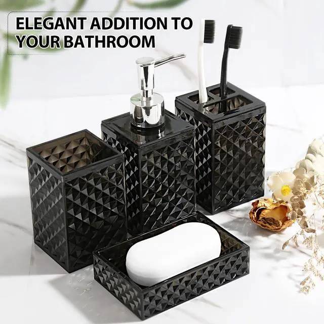 Alt view image 6 of 7 - Black Bathroom Accessories Set, 4 Pack Matte Black Bath Accessory Sets Complete, Acrylic Soap Dispenser and Toothbrush Holder Set for Bathroom Counter Sink, Modern Bathroom Decor