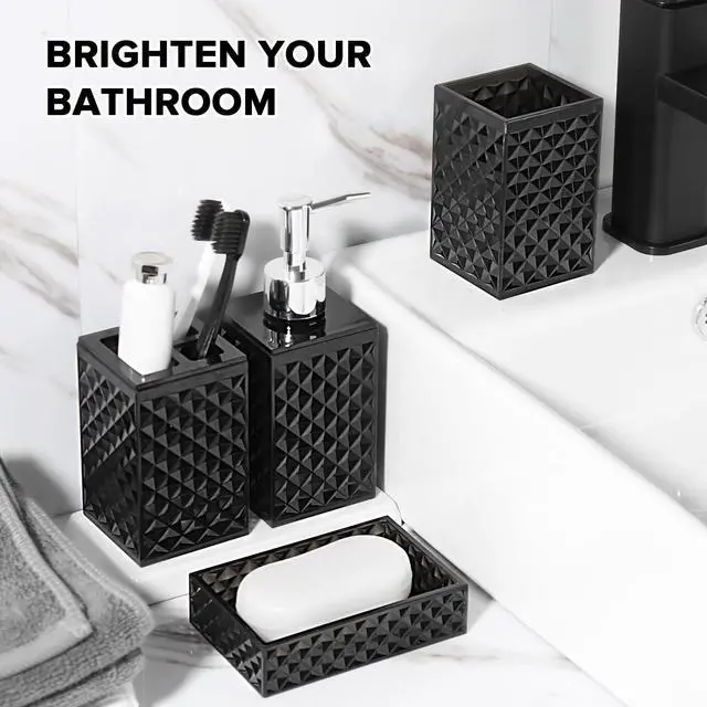 Alt view image 5 of 7 - Black Bathroom Accessories Set, 4 Pack Matte Black Bath Accessory Sets Complete, Acrylic Soap Dispenser and Toothbrush Holder Set for Bathroom Counter Sink, Modern Bathroom Decor