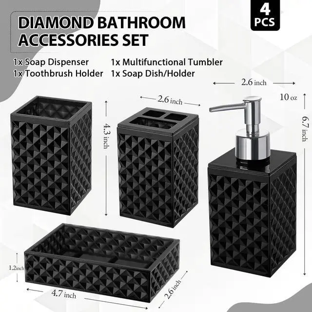 Alt view image 2 of 7 - Black Bathroom Accessories Set, 4 Pack Matte Black Bath Accessory Sets Complete, Acrylic Soap Dispenser and Toothbrush Holder Set for Bathroom Counter Sink, Modern Bathroom Decor