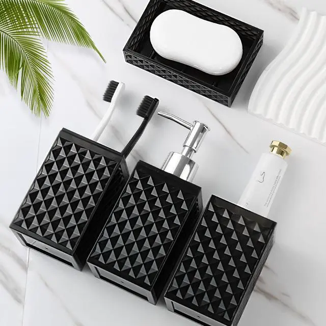 Alt view image 7 of 7 - Black Bathroom Accessories Set, 4 Pack Matte Black Bath Accessory Sets Complete, Acrylic Soap Dispenser and Toothbrush Holder Set for Bathroom Counter Sink, Modern Bathroom Decor