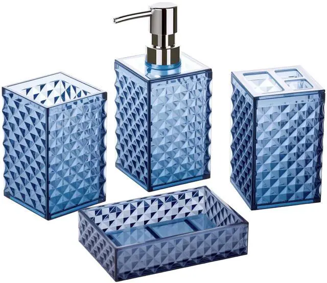 Main image of Blue Bathroom Accessories Set, 4 PCS Dark Navy Blue Bathroom Accessories Sets Complete, Diamond Pattern Bathroom Soap Dispenser and Toothbrush Holder Set, Boho Bathroom Décor and Accessories