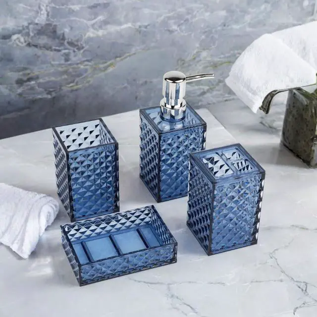 Alt view image 3 of 7 - Blue Bathroom Accessories Set, 4 PCS Dark Navy Blue Bathroom Accessories Sets Complete, Diamond Pattern Bathroom Soap Dispenser and Toothbrush Holder Set, Boho Bathroom Décor and Accessories