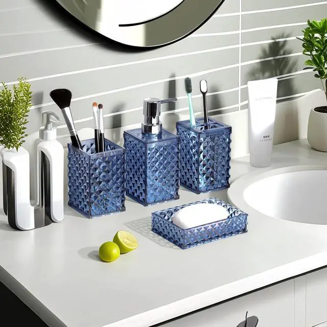 Alt view image 4 of 7 - Blue Bathroom Accessories Set, 4 PCS Dark Navy Blue Bathroom Accessories Sets Complete, Diamond Pattern Bathroom Soap Dispenser and Toothbrush Holder Set, Boho Bathroom Décor and Accessories