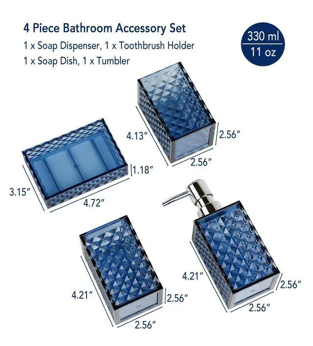 Alt view image 2 of 7 - Blue Bathroom Accessories Set, 4 PCS Dark Navy Blue Bathroom Accessories Sets Complete, Diamond Pattern Bathroom Soap Dispenser and Toothbrush Holder Set, Boho Bathroom Décor and Accessories