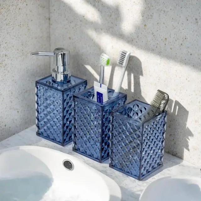 Alt view image 5 of 7 - Blue Bathroom Accessories Set, 4 PCS Dark Navy Blue Bathroom Accessories Sets Complete, Diamond Pattern Bathroom Soap Dispenser and Toothbrush Holder Set, Boho Bathroom Décor and Accessories