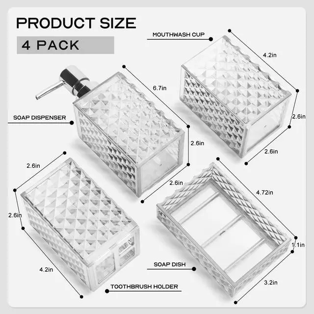 Alt view image 2 of 6 - Bathroom Accessory Set, Grid Pattern 4 Pcs Plastic Bathroom Set Include Soap Dispenser, Soap Dish, Toothbrush Holder, Mousewash Cup, Modern Bahtroom Décor Set(White)