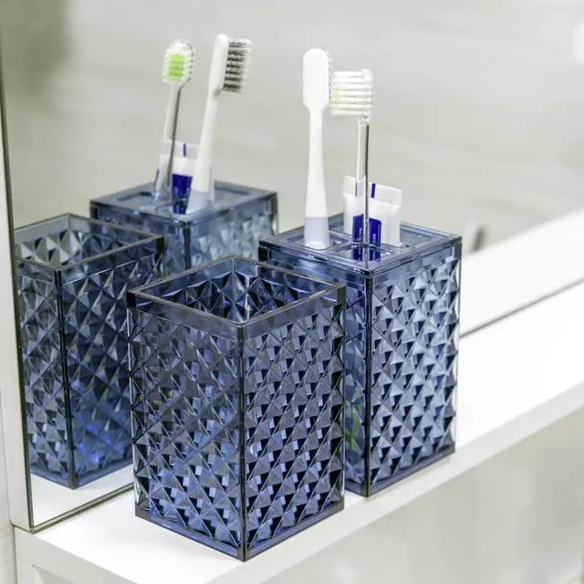 Alt view image 7 of 7 - Blue Bathroom Accessories Set, 4 PCS Dark Navy Blue Bathroom Accessories Sets Complete, Diamond Pattern Bathroom Soap Dispenser and Toothbrush Holder Set, Boho Bathroom Décor and Accessories
