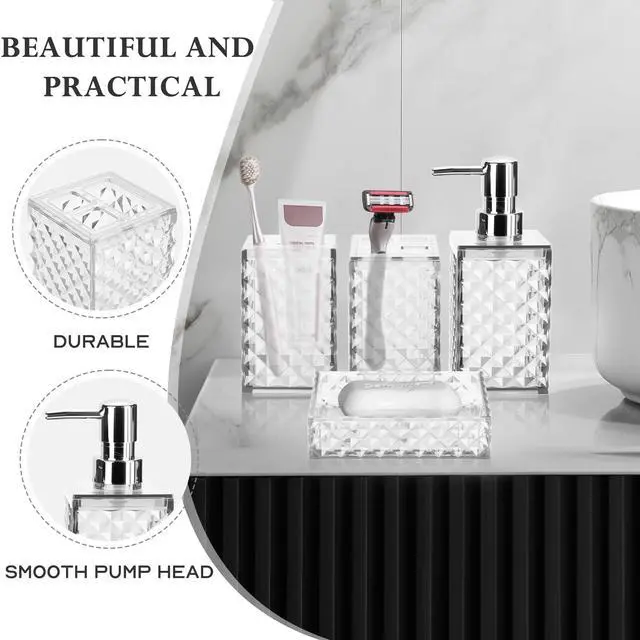 Alt view image 4 of 6 - Bathroom Accessory Set, Grid Pattern 4 Pcs Plastic Bathroom Set Include Soap Dispenser, Soap Dish, Toothbrush Holder, Mousewash Cup, Modern Bahtroom Décor Set(White)