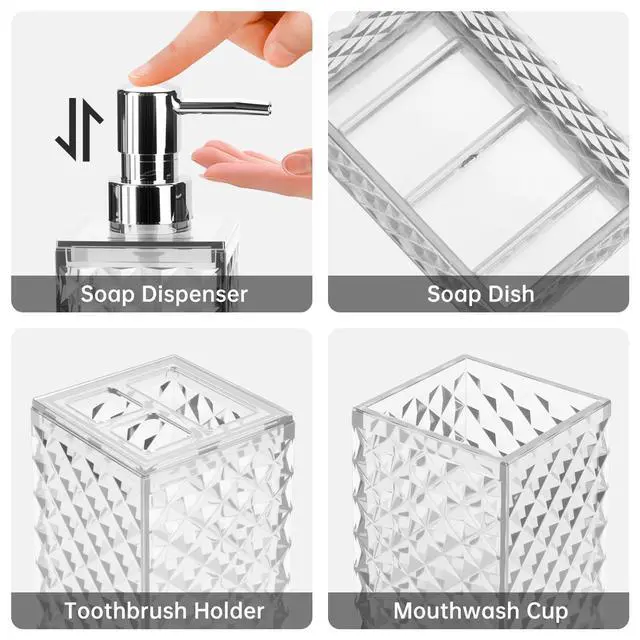 Alt view image 3 of 6 - Bathroom Accessory Set, Grid Pattern 4 Pcs Plastic Bathroom Set Include Soap Dispenser, Soap Dish, Toothbrush Holder, Mousewash Cup, Modern Bahtroom Décor Set(White)