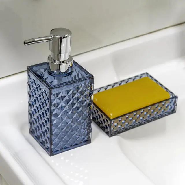 Alt view image 6 of 7 - Blue Bathroom Accessories Set, 4 PCS Dark Navy Blue Bathroom Accessories Sets Complete, Diamond Pattern Bathroom Soap Dispenser and Toothbrush Holder Set, Boho Bathroom Décor and Accessories