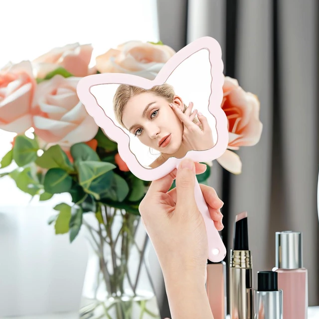 Alt view image 6 of 7 - Butterfly Shaped Hand Held Mirror with Handle, Cute Cosmetic Travel Handheld Mirror, Single-Sided Portable Travel Vanity Lash Hand Held Mirrors for Shaving Makeup Men & Women (Pink, 6 x 8 Inch)