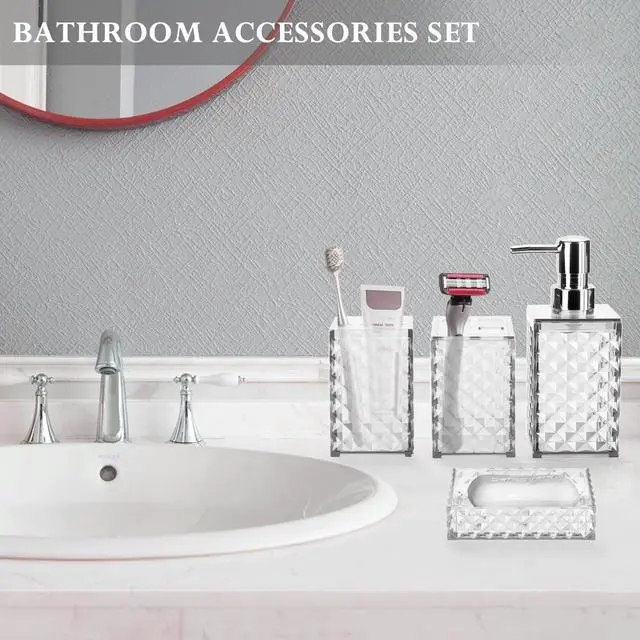 Alt view image 5 of 6 - Bathroom Accessory Set, Grid Pattern 4 Pcs Plastic Bathroom Set Include Soap Dispenser, Soap Dish, Toothbrush Holder, Mousewash Cup, Modern Bahtroom Décor Set(White)