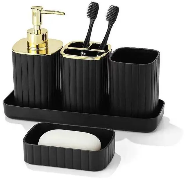 Main image of Bathroom Accessory Set 5 Pcs, Plastic Bathroom Set with Gold Cover Include Soap Dish, Toothbrush Holder, Mousewash Cup, Soap Dispenser, Vanity Tray, Bathroom Decor, Bathroom Sets Accessories