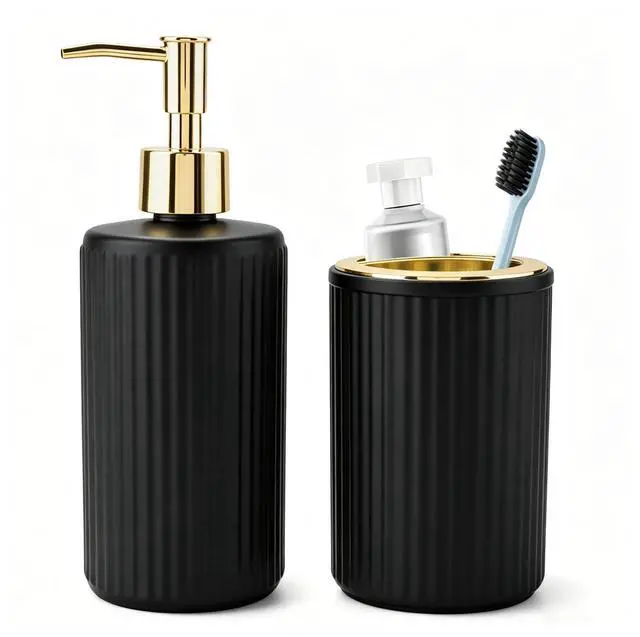 Main image of 2PCS Glass Bathroom Accessories Set, Black and Gold Bathroom Set Include Soap Dispenser and Toothbrush Holder, Elegant Bathroom Decor for Housewarming Gift