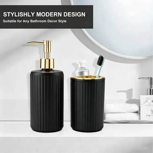 Alt view image 2 of 7 - 2PCS Glass Bathroom Accessories Set, Black and Gold Bathroom Set Include Soap Dispenser and Toothbrush Holder, Elegant Bathroom Decor for Housewarming Gift