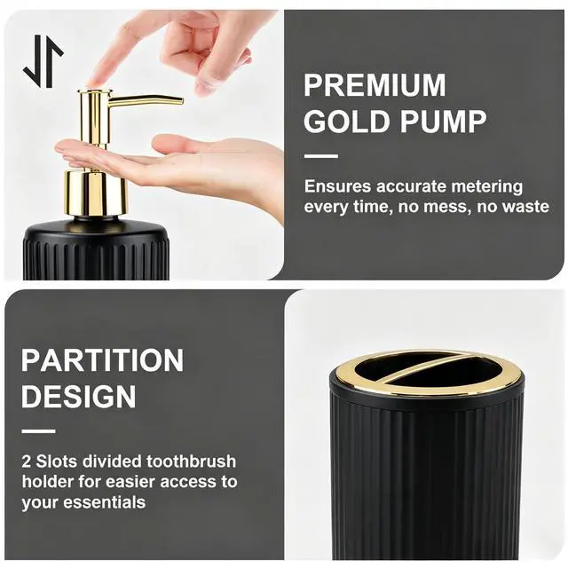 Alt view image 3 of 7 - 2PCS Glass Bathroom Accessories Set, Black and Gold Bathroom Set Include Soap Dispenser and Toothbrush Holder, Elegant Bathroom Decor for Housewarming Gift