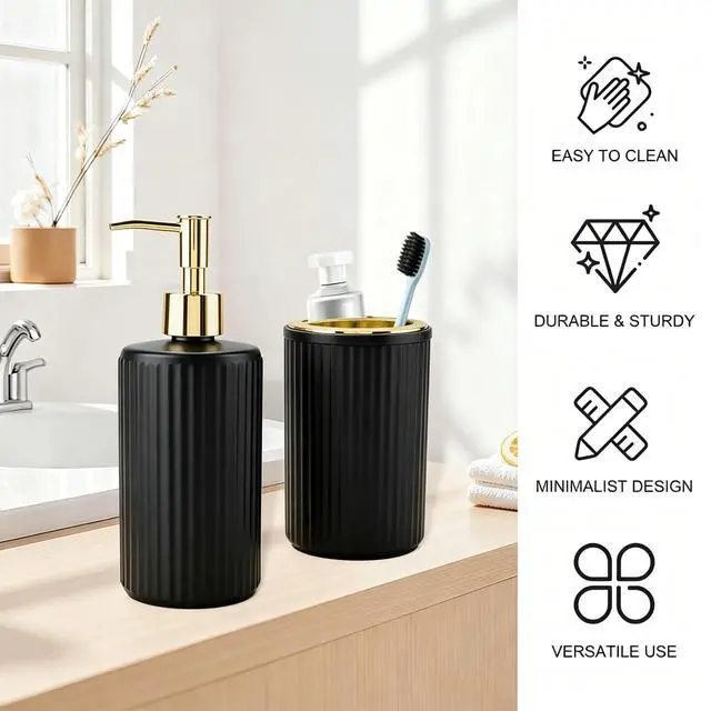 Alt view image 4 of 7 - 2PCS Glass Bathroom Accessories Set, Black and Gold Bathroom Set Include Soap Dispenser and Toothbrush Holder, Elegant Bathroom Decor for Housewarming Gift