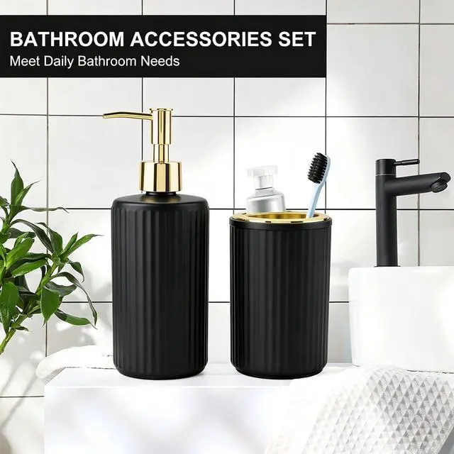 Alt view image 7 of 7 - 2PCS Glass Bathroom Accessories Set, Black and Gold Bathroom Set Include Soap Dispenser and Toothbrush Holder, Elegant Bathroom Decor for Housewarming Gift