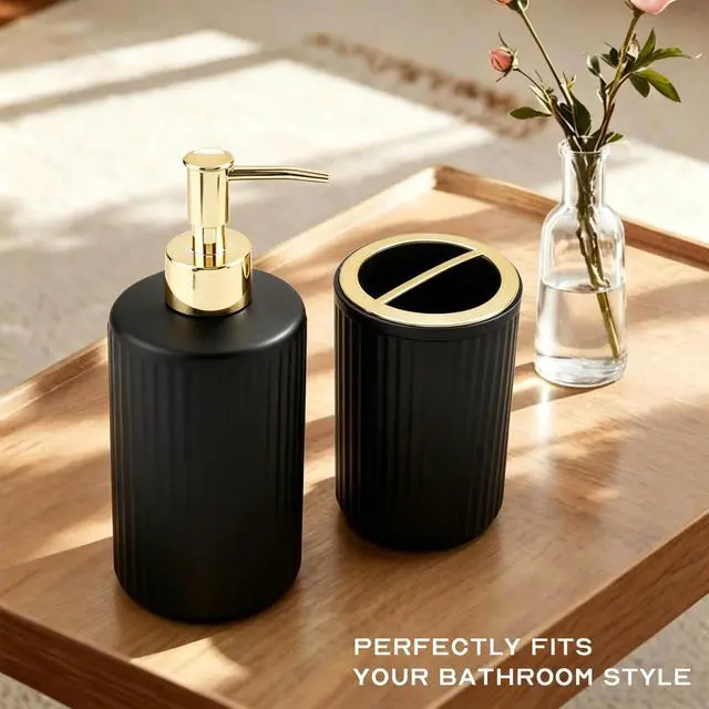 Alt view image 6 of 7 - 2PCS Glass Bathroom Accessories Set, Black and Gold Bathroom Set Include Soap Dispenser and Toothbrush Holder, Elegant Bathroom Decor for Housewarming Gift