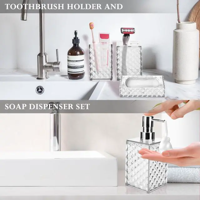Alt view image 6 of 6 - Bathroom Accessory Set, Grid Pattern 4 Pcs Plastic Bathroom Set Include Soap Dispenser, Soap Dish, Toothbrush Holder, Mousewash Cup, Modern Bahtroom Décor Set(White)
