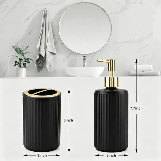Alt view image 5 of 7 - 2PCS Glass Bathroom Accessories Set, Black and Gold Bathroom Set Include Soap Dispenser and Toothbrush Holder, Elegant Bathroom Decor for Housewarming Gift