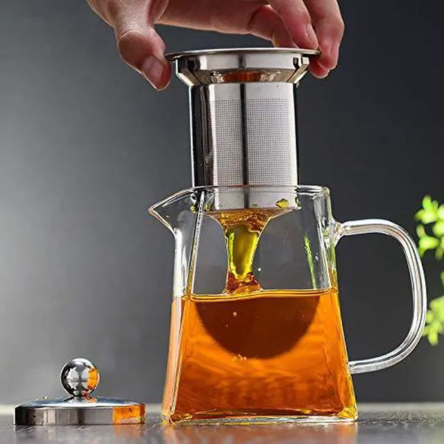 Alt view image 5 of 7 - Glass Teapot with Stainless Steel Infuser & Lid, Borosilicate Glass Tea Kettle Stovetop Safe, Blooming & Loose Leaf Teapot,Glass Square Pot (350ML/12oz)