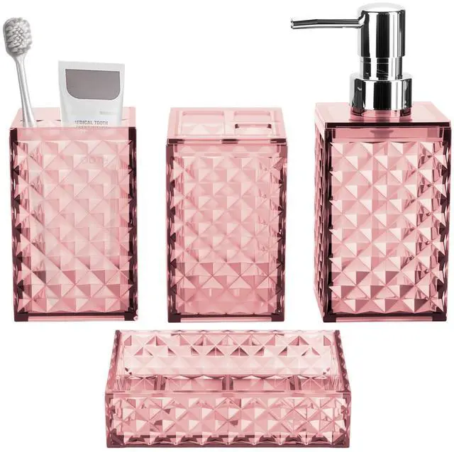 Main image of Bathroom Accessory Set, Grid Pattern 4 Pcs Plastic Bathroom Set Include Soap Dispenser, Soap Dish, Toothbrush Holder, Mousewash Cup, Modern Bahtroom Décor Set(Pink)