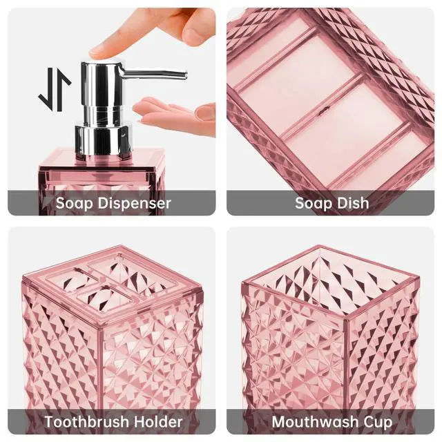 Alt view image 3 of 6 - Bathroom Accessory Set, Grid Pattern 4 Pcs Plastic Bathroom Set Include Soap Dispenser, Soap Dish, Toothbrush Holder, Mousewash Cup, Modern Bahtroom Décor Set(Pink)