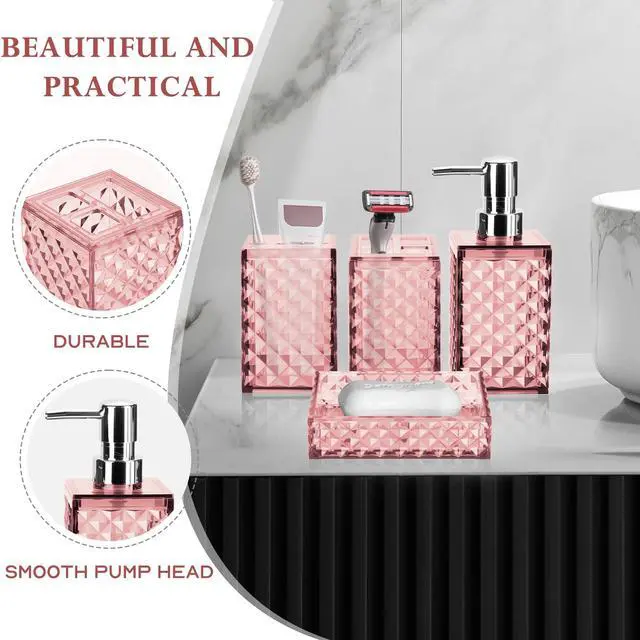 Alt view image 4 of 6 - Bathroom Accessory Set, Grid Pattern 4 Pcs Plastic Bathroom Set Include Soap Dispenser, Soap Dish, Toothbrush Holder, Mousewash Cup, Modern Bahtroom Décor Set(Pink)