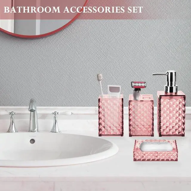 Alt view image 5 of 6 - Bathroom Accessory Set, Grid Pattern 4 Pcs Plastic Bathroom Set Include Soap Dispenser, Soap Dish, Toothbrush Holder, Mousewash Cup, Modern Bahtroom Décor Set(Pink)