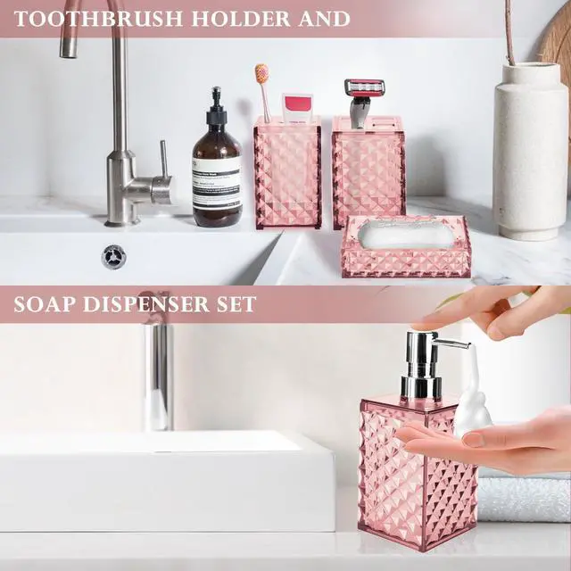 Alt view image 6 of 6 - Bathroom Accessory Set, Grid Pattern 4 Pcs Plastic Bathroom Set Include Soap Dispenser, Soap Dish, Toothbrush Holder, Mousewash Cup, Modern Bahtroom Décor Set(Pink)