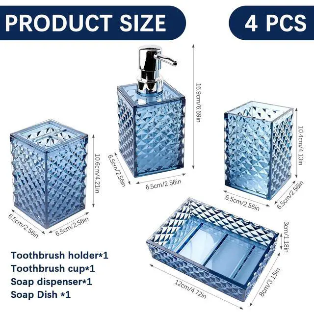 Alt view image 2 of 7 - Bathroom Accessory Set, 4 PCS Blue Bathroom Accessories Set, Soap Dispenser and Toothbrush Holder Set, Soap Dish and Mouthwash Cup, Bathroom Decor, Bathroom Sets Accessories