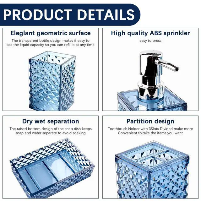 Alt view image 3 of 7 - Bathroom Accessory Set, 4 PCS Blue Bathroom Accessories Set, Soap Dispenser and Toothbrush Holder Set, Soap Dish and Mouthwash Cup, Bathroom Decor, Bathroom Sets Accessories