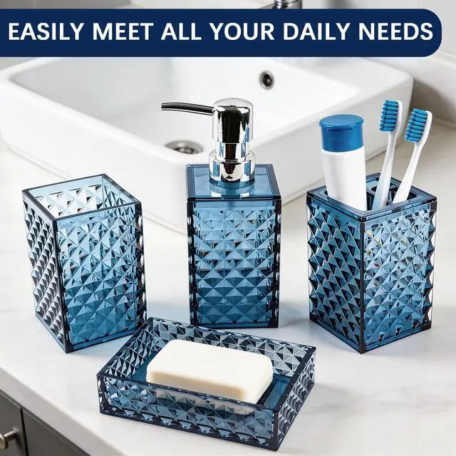 Alt view image 4 of 7 - Bathroom Accessory Set, 4 PCS Blue Bathroom Accessories Set, Soap Dispenser and Toothbrush Holder Set, Soap Dish and Mouthwash Cup, Bathroom Decor, Bathroom Sets Accessories