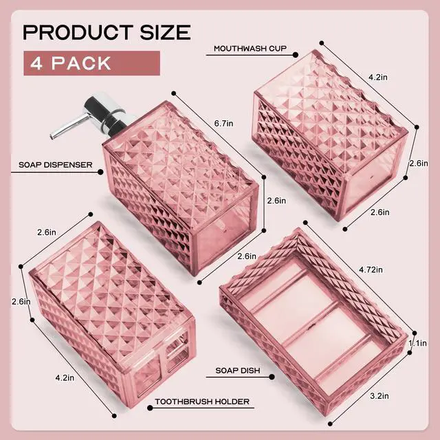 Alt view image 2 of 6 - Bathroom Accessory Set, Grid Pattern 4 Pcs Plastic Bathroom Set Include Soap Dispenser, Soap Dish, Toothbrush Holder, Mousewash Cup, Modern Bahtroom Décor Set(Pink)