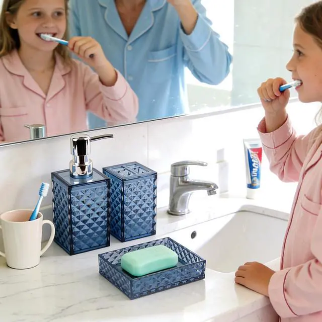 Alt view image 6 of 7 - Bathroom Accessory Set, 4 PCS Blue Bathroom Accessories Set, Soap Dispenser and Toothbrush Holder Set, Soap Dish and Mouthwash Cup, Bathroom Decor, Bathroom Sets Accessories