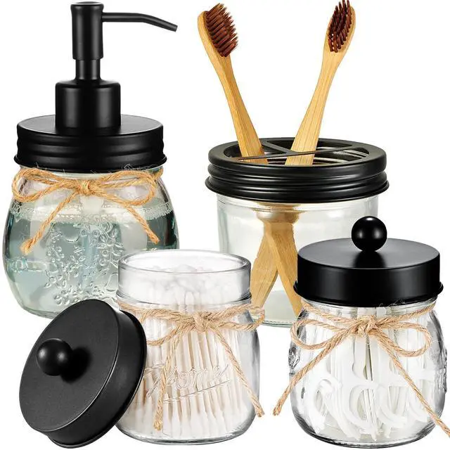 Main image of Mason Jar Bathroom Accessories Set 4 Pcs -Lotion Soap Dispenser & 2 Qtip Holders & Toothbrush Holder - Rustic Farmhouse Decor, Bathroom Home Decor (Black)