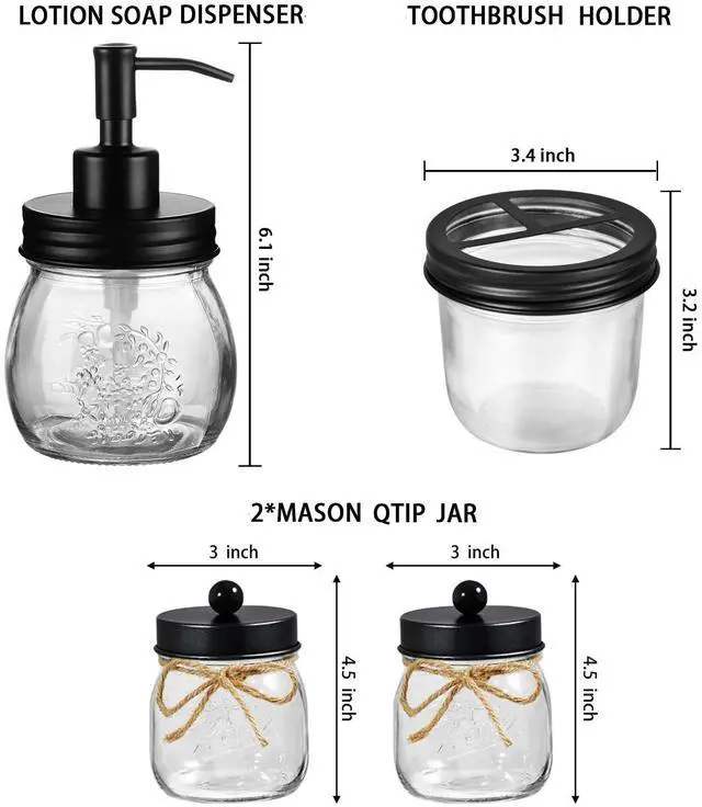 Alt view image 2 of 7 - Mason Jar Bathroom Accessories Set 4 Pcs -Lotion Soap Dispenser & 2 Qtip Holders & Toothbrush Holder - Rustic Farmhouse Decor, Bathroom Home Decor (Black)