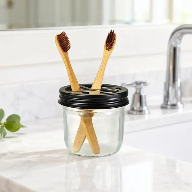 Alt view image 5 of 7 - Mason Jar Bathroom Accessories Set 4 Pcs -Lotion Soap Dispenser & 2 Qtip Holders & Toothbrush Holder - Rustic Farmhouse Decor, Bathroom Home Decor (Black)