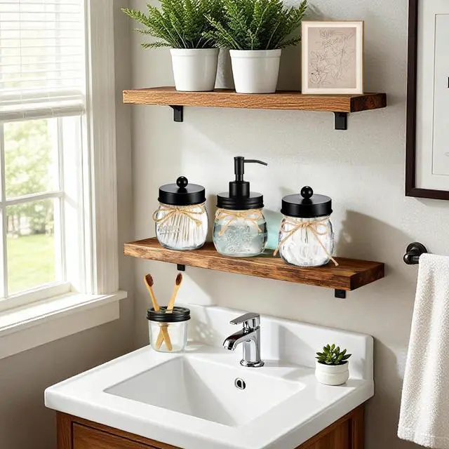 Alt view image 6 of 7 - Mason Jar Bathroom Accessories Set 4 Pcs -Lotion Soap Dispenser & 2 Qtip Holders & Toothbrush Holder - Rustic Farmhouse Decor, Bathroom Home Decor (Black)