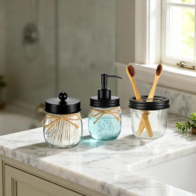 Alt view image 7 of 7 - Mason Jar Bathroom Accessories Set 4 Pcs -Lotion Soap Dispenser & 2 Qtip Holders & Toothbrush Holder - Rustic Farmhouse Decor, Bathroom Home Decor (Black)
