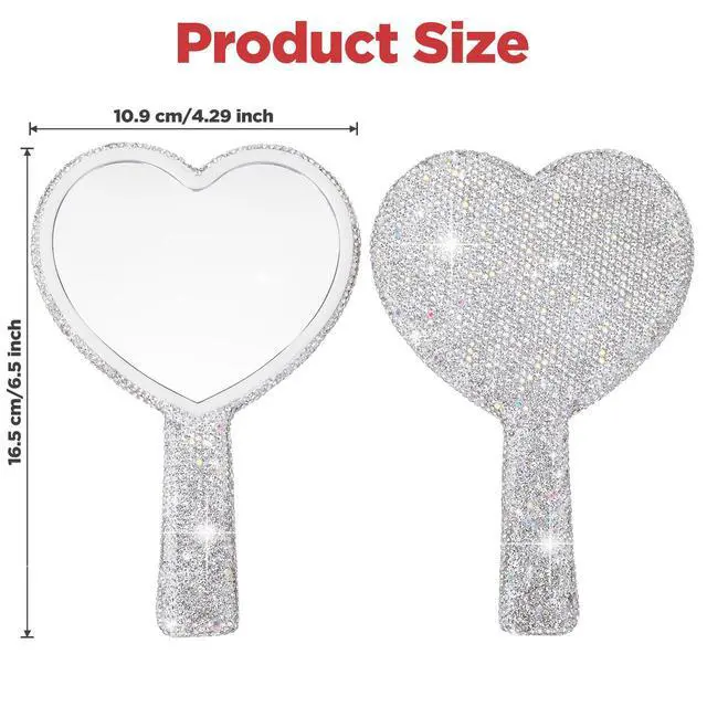 Alt view image 2 of 7 - Rhinestone Heart Shaped Handheld Mirror - Sparkling Cosmetic Mirror with Handle, Portable for Travel, Wedding & Daily Makeup Application, Silver
