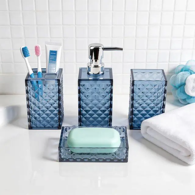 Alt view image 5 of 7 - Bathroom Accessory Set, 4 PCS Blue Bathroom Accessories Set, Soap Dispenser and Toothbrush Holder Set, Soap Dish and Mouthwash Cup, Bathroom Decor, Bathroom Sets Accessories