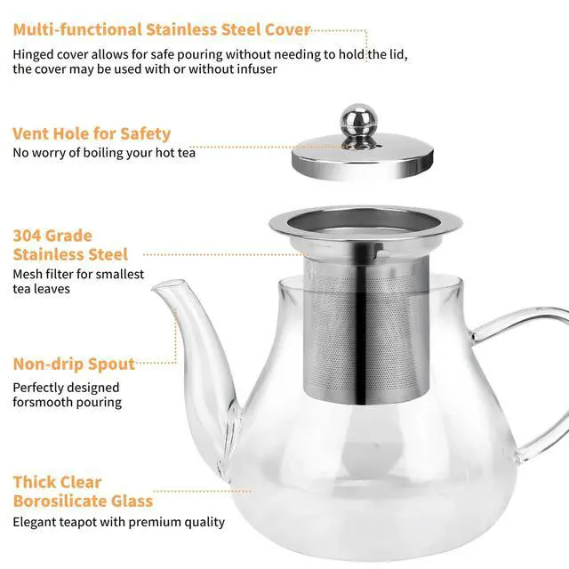 Alt view image 7 of 7 - Glass Teapot 28oz/800ml with Removable Infuser, Borosilicate Clear Tea Kettle, Stovetop Safe Tea Kettle Blooming Loose Leaf Teapots, for Camping, Travel