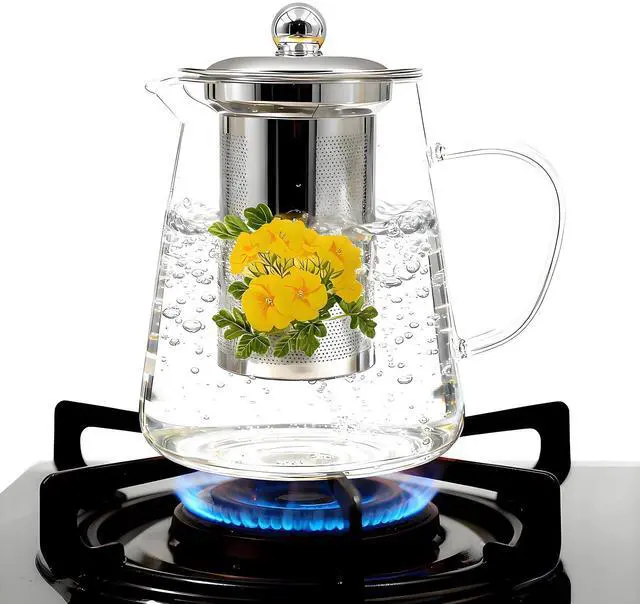 Alt view image 3 of 5 - Flower Tea Pot Set Glass Teapot Stovetop Gift, 32OZ High Temperature Resistant Borosilicate Clear Tea Kettle with Infuser as Tea Lover Gifts Uesd for Home&Office Decor