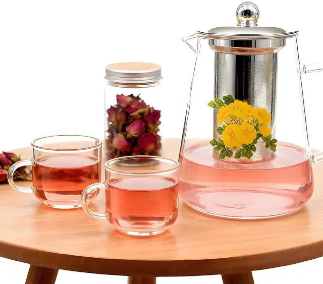 Alt view image 4 of 5 - Flower Tea Pot Set Glass Teapot Stovetop Gift, 32OZ High Temperature Resistant Borosilicate Clear Tea Kettle with Infuser as Tea Lover Gifts Uesd for Home&Office Decor