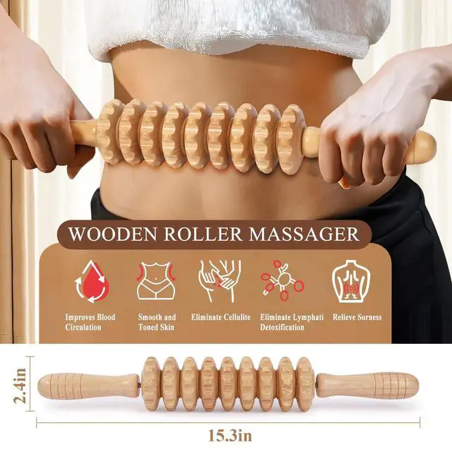 Alt view image 3 of 6 - Wood Massage Roller Muscle Roller Cellulite Massage Tool Fascia Blaster Lymphatic Drainage Massager Wood Therapy Massage Tools for Deep Tissue Muscle Relief Recovery(9-Wheel)